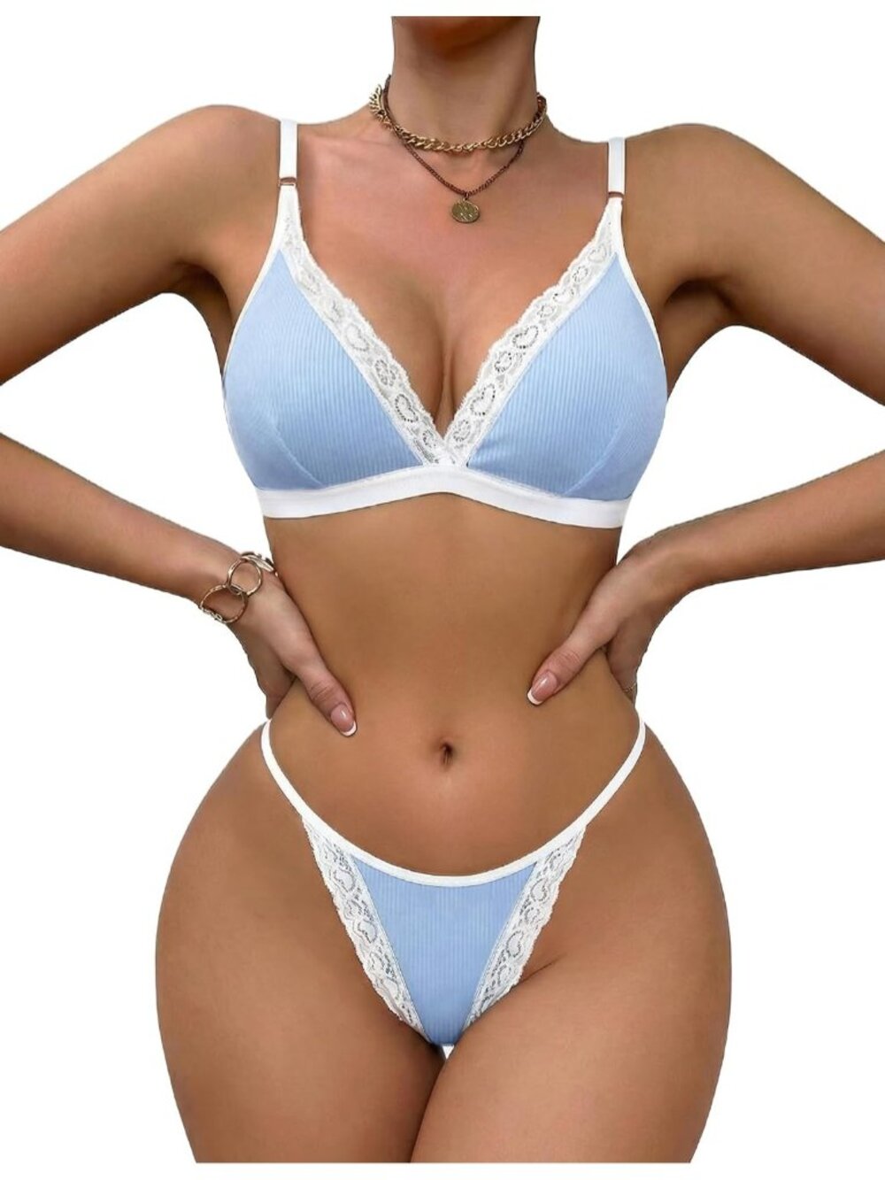 🆕Women's Light Blue Ribbed Bra and Pany Set with Lace Trim Bralettes Lingerie